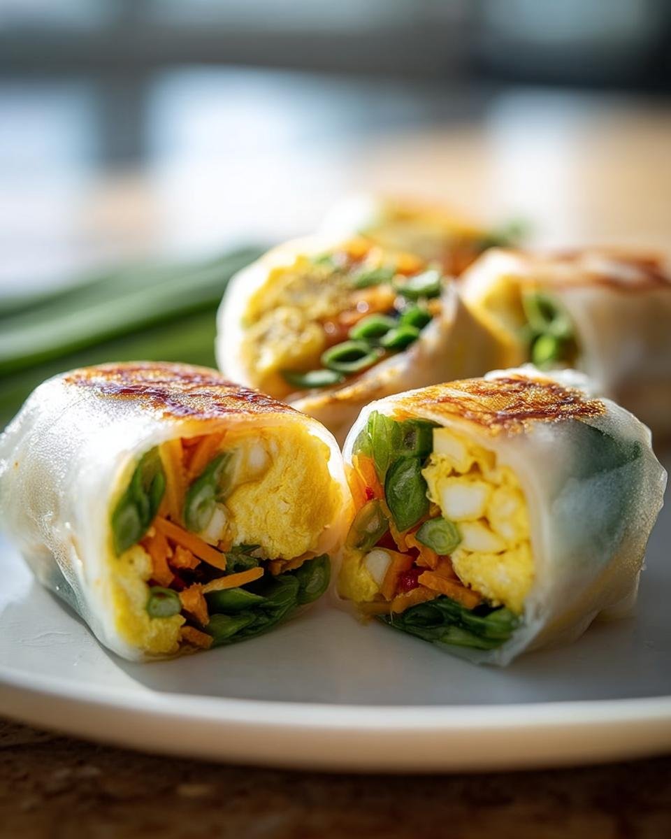 Close-up of cut Rice Paper Egg Wraps filled with egg, carrots, and greens.