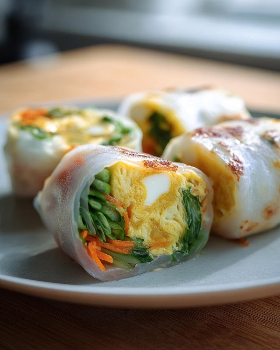 Close-up of Rice Paper Egg Wraps filled with egg, carrots, and greens on a plate.