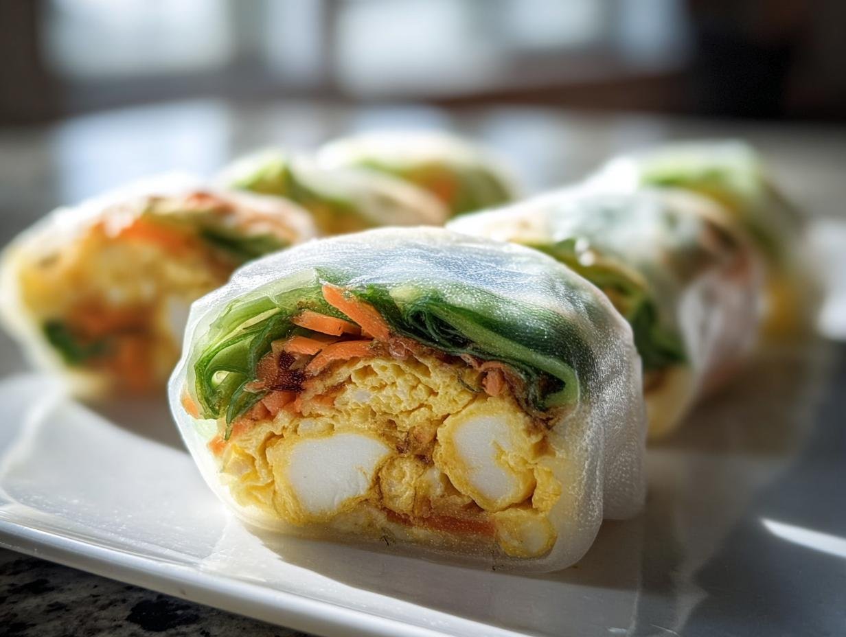 Close-up of Rice Paper Egg Wraps filled with egg, vegetables, and herbs on a white plate.