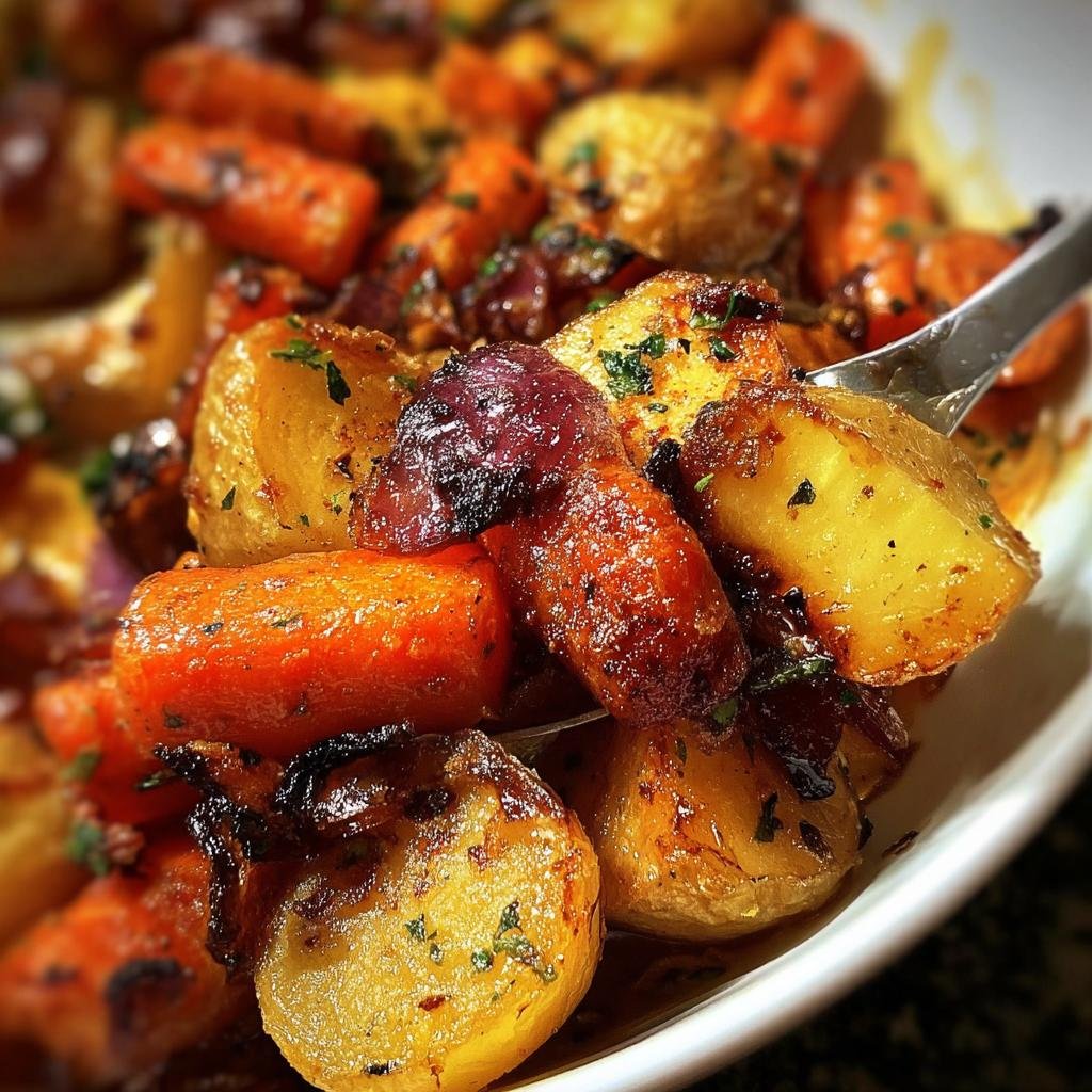 A close-up of gleaming Roasted Apples & Carrots, showing the caramelized texture and fresh herbs.