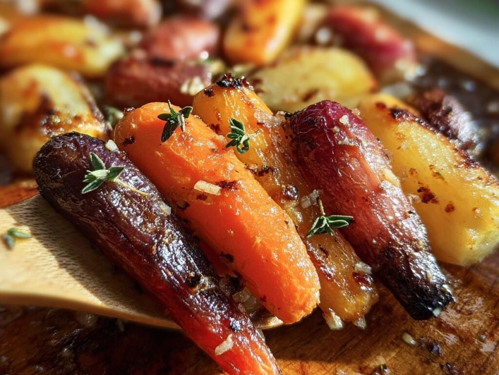 Close-up of colorful Roasted Apples & Carrots with herbs on a wooden serving board.