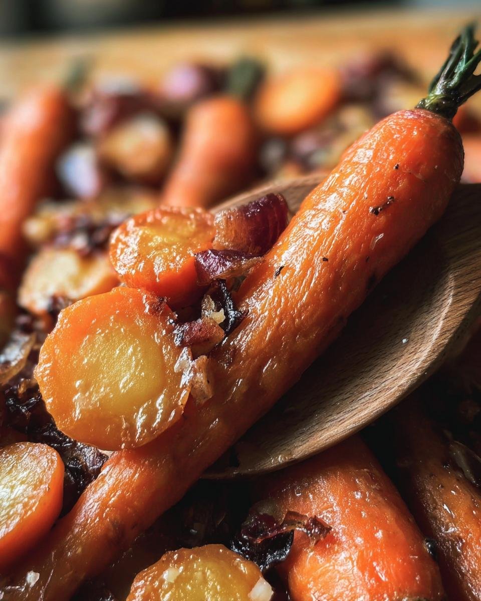 Close-up of glazed Roasted Apples & Carrots on a wooden spoon, showing the caramelized texture.