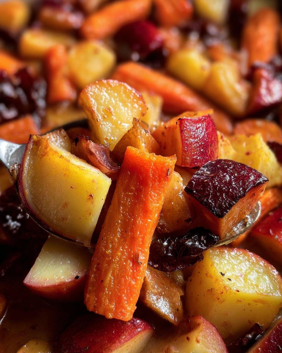 Close-up of a spoonful of Roasted Apples & Carrots, showing the caramelized texture and vibrant colors.