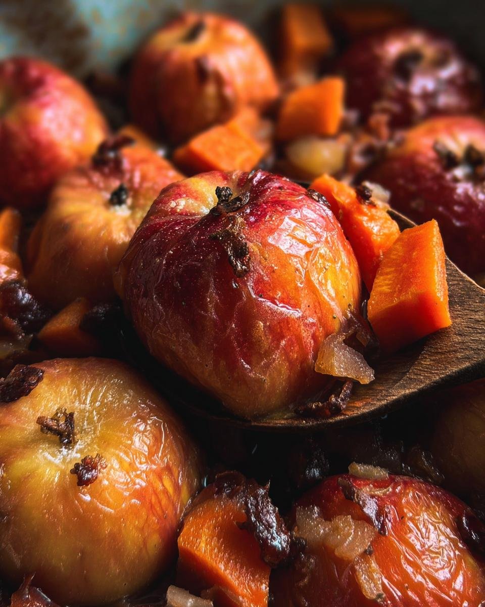 Close-up of Roasted Apples & Carrots on a wooden spoon, showing the caramelized texture and vibrant colors.