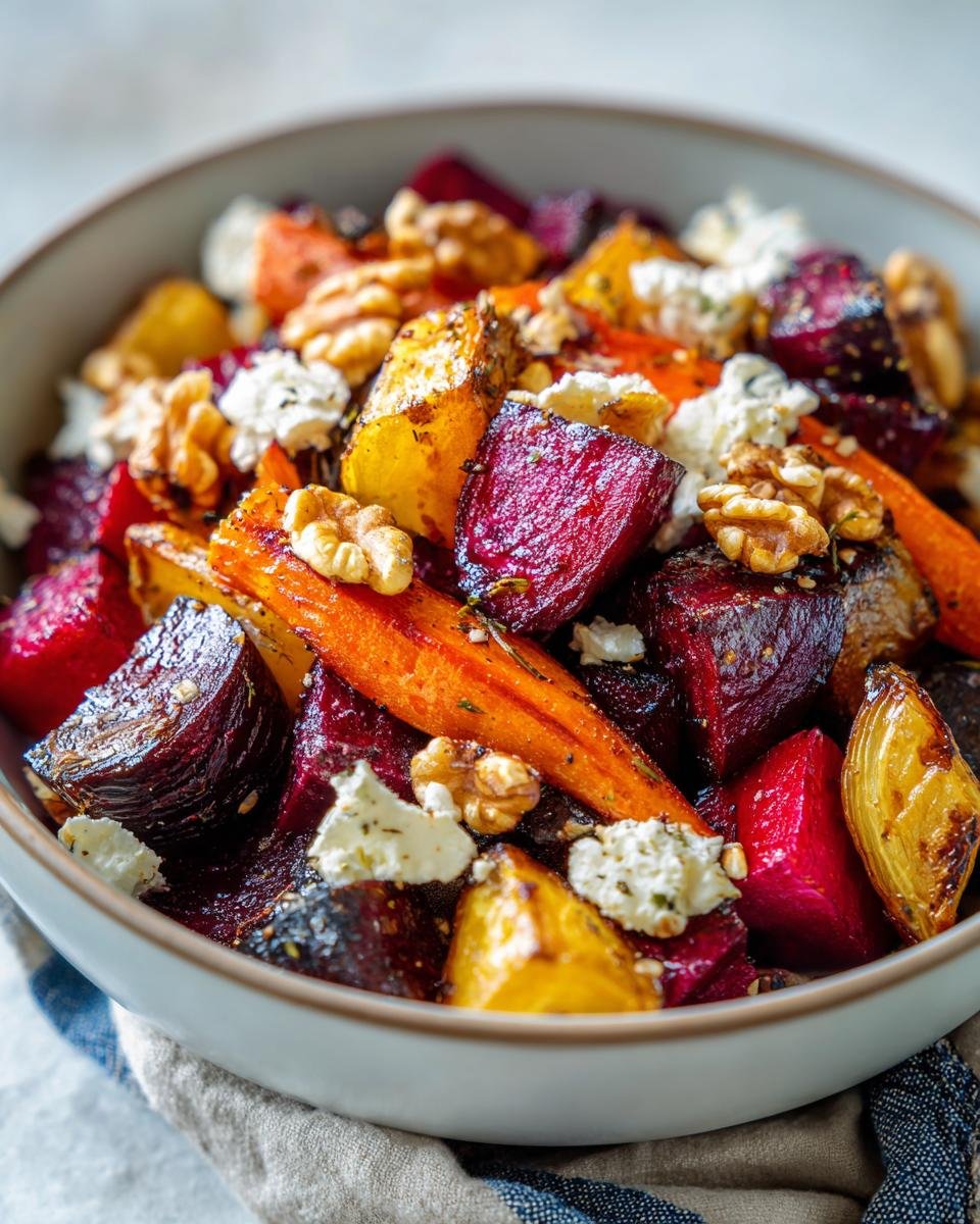 Close-up of a bowl of Roasted Beets and Carrots Salad, topped with walnuts and cheese.