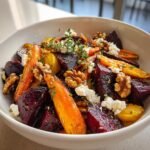 A vibrant bowl of Roasted Beets and Carrots Salad, topped with walnuts, cheese, and fresh herbs.