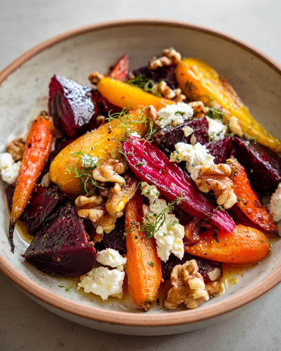 A vibrant bowl of Roasted Beets and Carrots Salad with feta cheese and walnuts.
