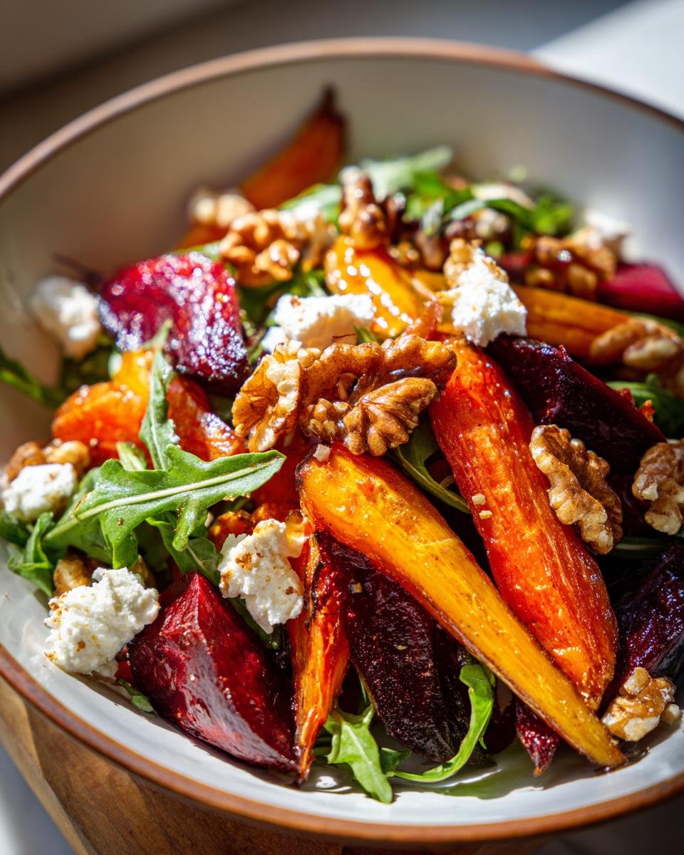 Close-up of a Roasted Beets and Carrots Salad with arugula, walnuts, and goat cheese in a bowl.