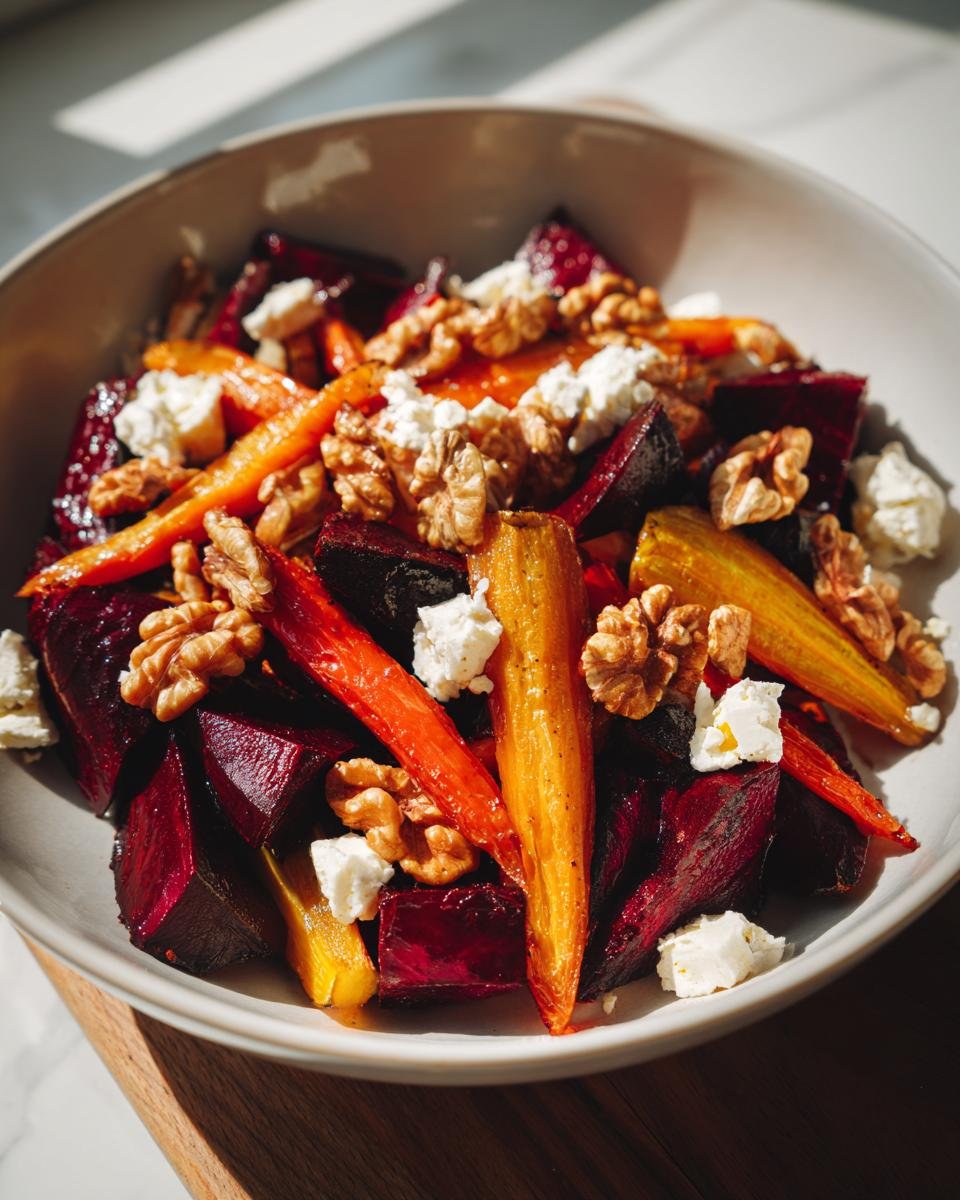 A bowl of Roasted Beets and Carrots Salad with feta cheese and walnuts, ready to serve.