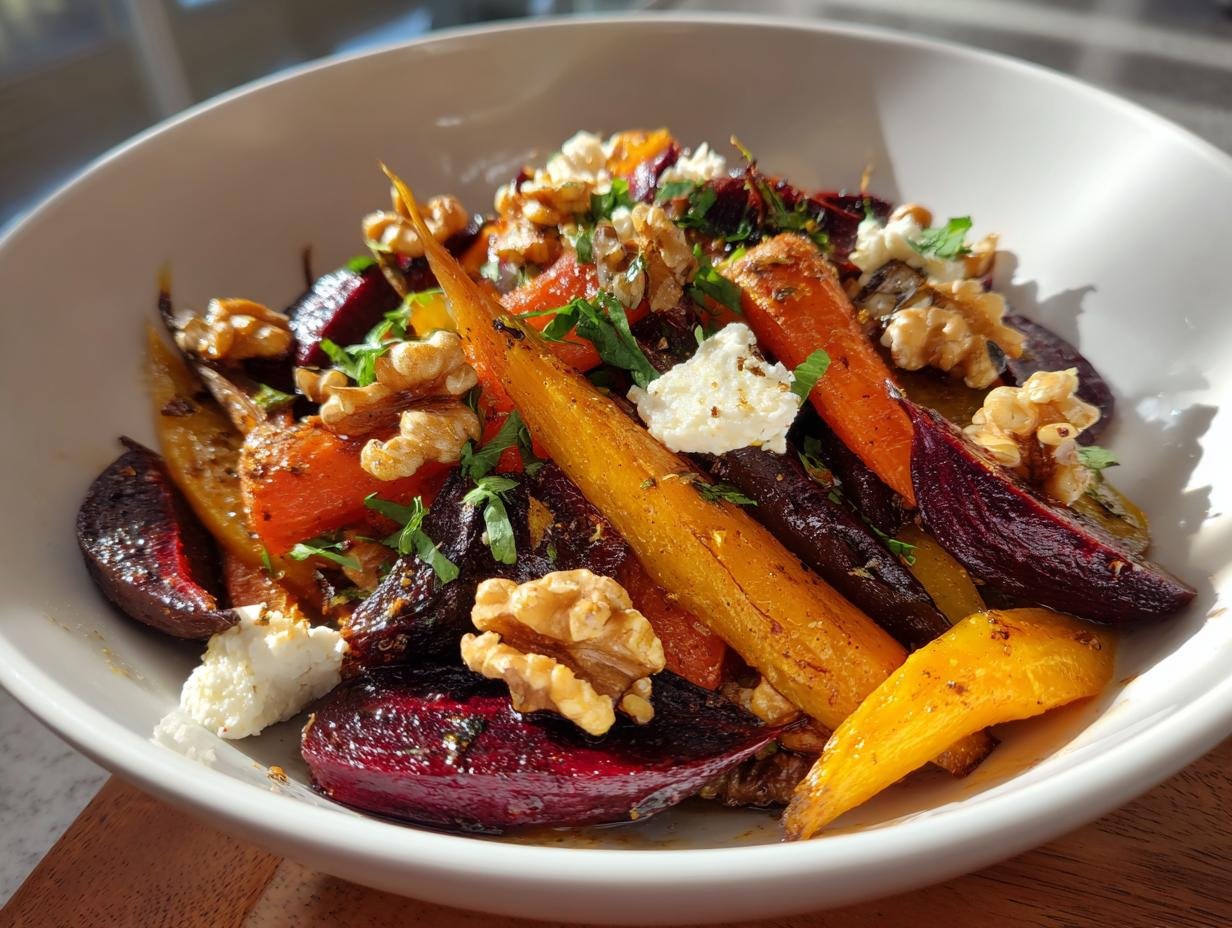 A vibrant bowl of Roasted Beets and Carrots Salad, topped with walnuts and goat cheese.