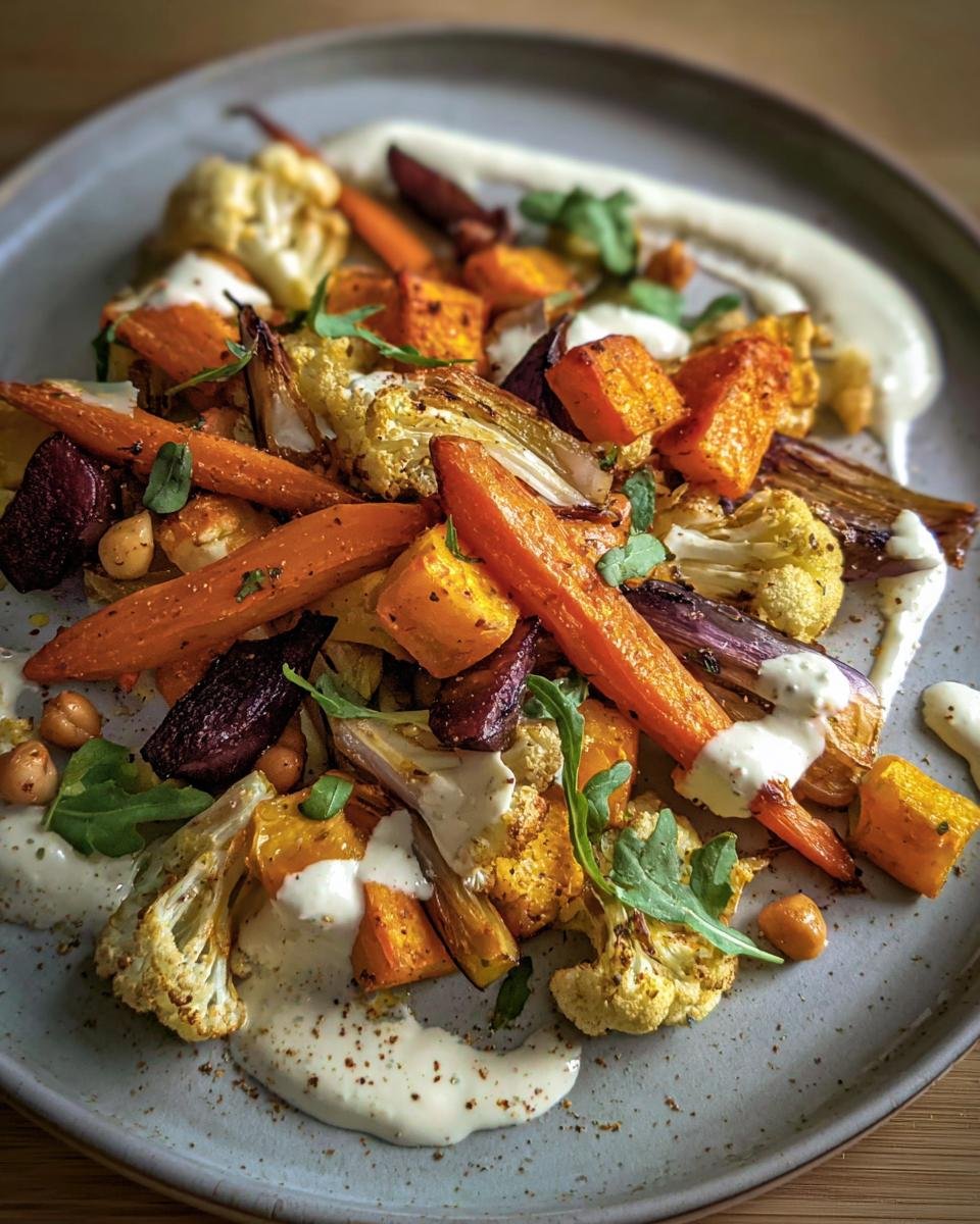 Plate of Roasted Veggie with Yogurt Sauce, featuring carrots, cauliflower, beets, and chickpeas.