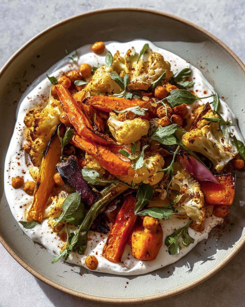 A plate of colorful Roasted Veggie with Yogurt Sauce, featuring carrots, cauliflower, and herbs.