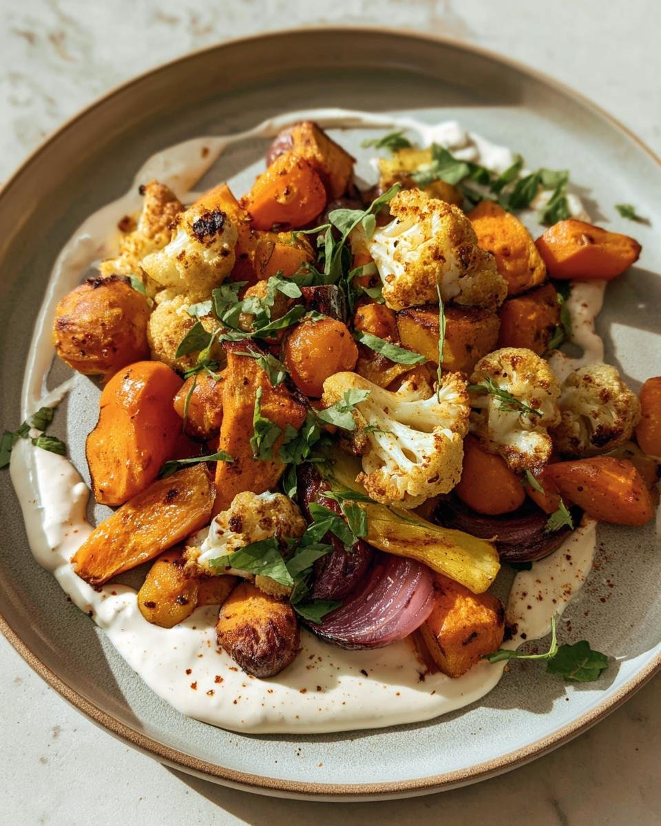 Overhead shot of Roasted Veggie with Yogurt Sauce, featuring cauliflower, carrots, and red onion on a plate.