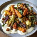 A beautifully plated dish of Roasted Veggie with Yogurt Sauce, featuring carrots, cauliflower, and greens.