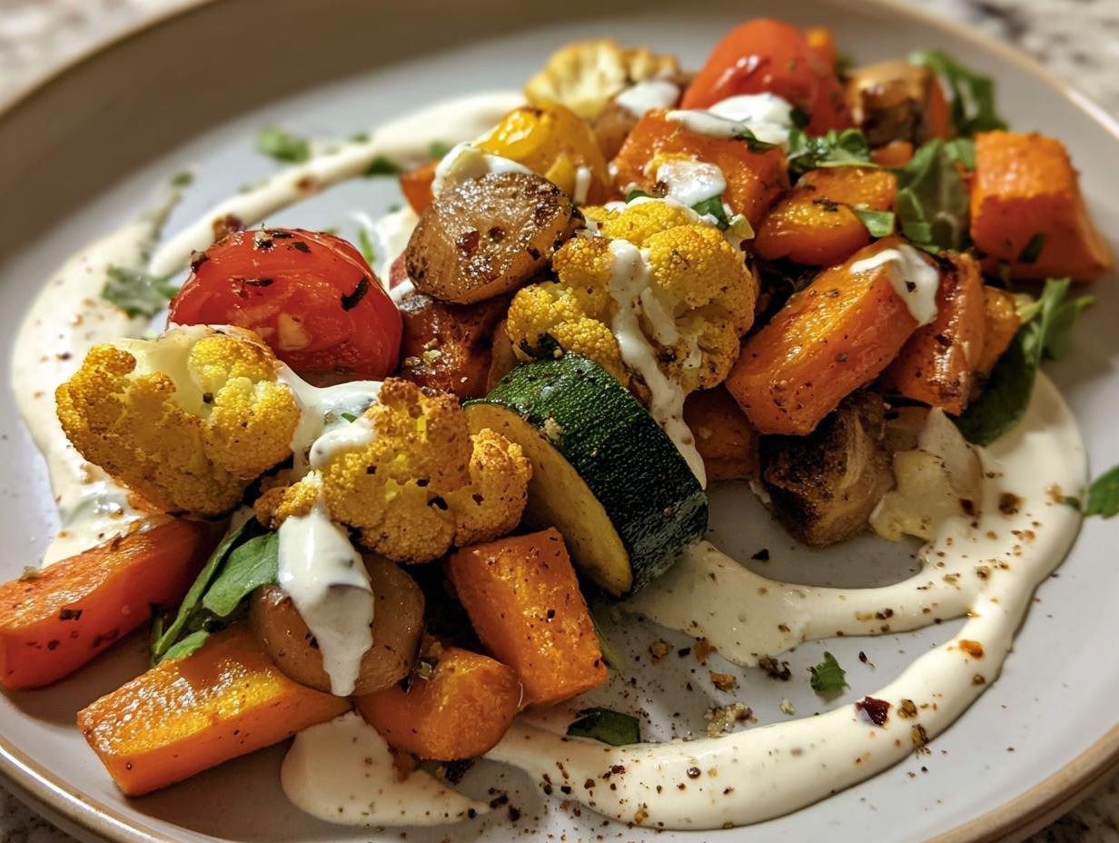 Delicious Roasted Veggie with Yogurt Sauce, featuring colorful roasted vegetables and a creamy yogurt dressing.