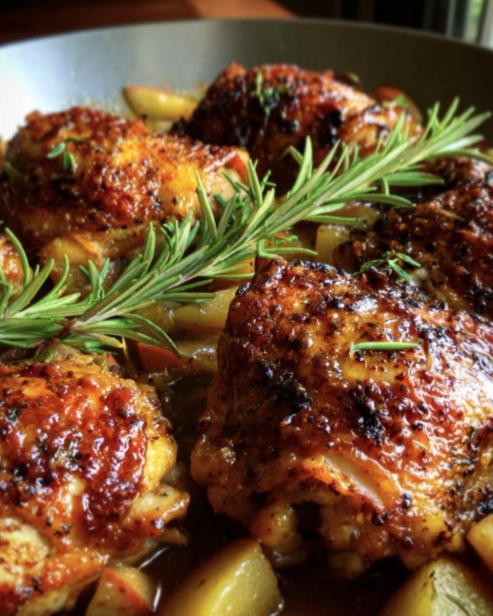 Close-up of Rosemary Apple Cider Chicken with apples and a sprig of fresh rosemary.
