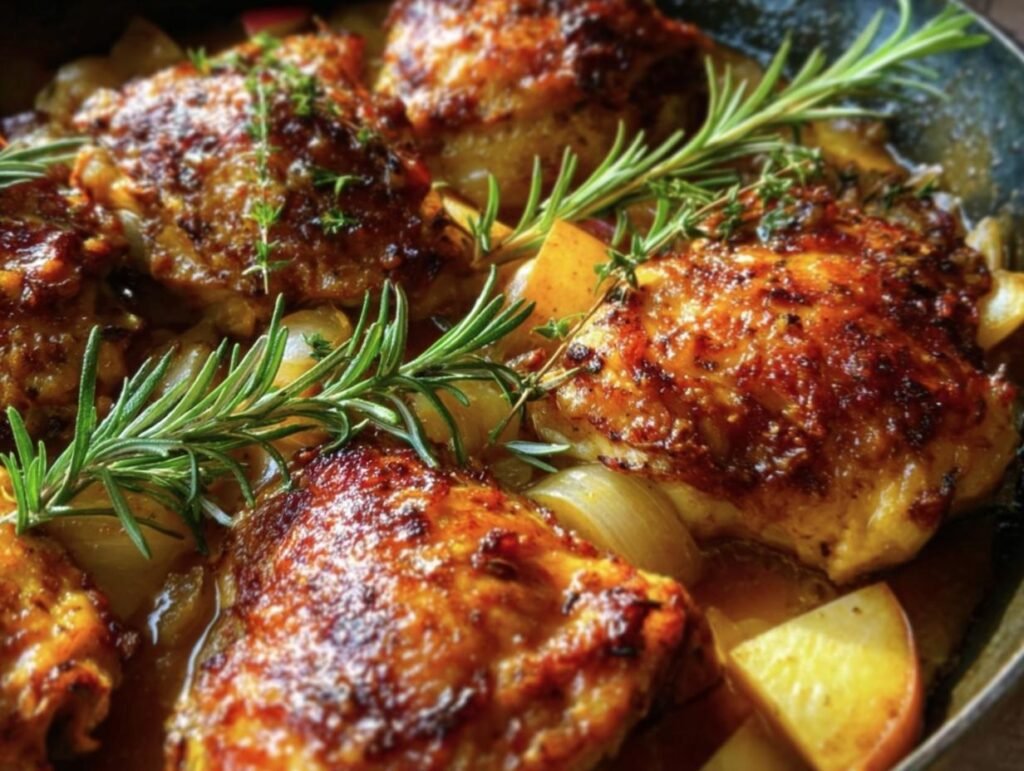 Close-up of Rosemary Apple Cider Chicken with golden-brown skin, garnished with fresh rosemary sprigs.