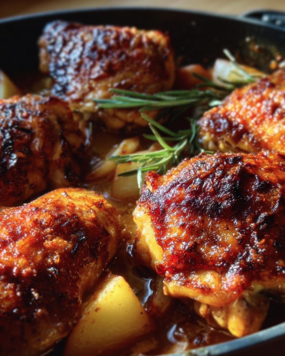 Close-up of Rosemary Apple Cider Chicken with potatoes and rosemary sprigs in a cast iron pan.