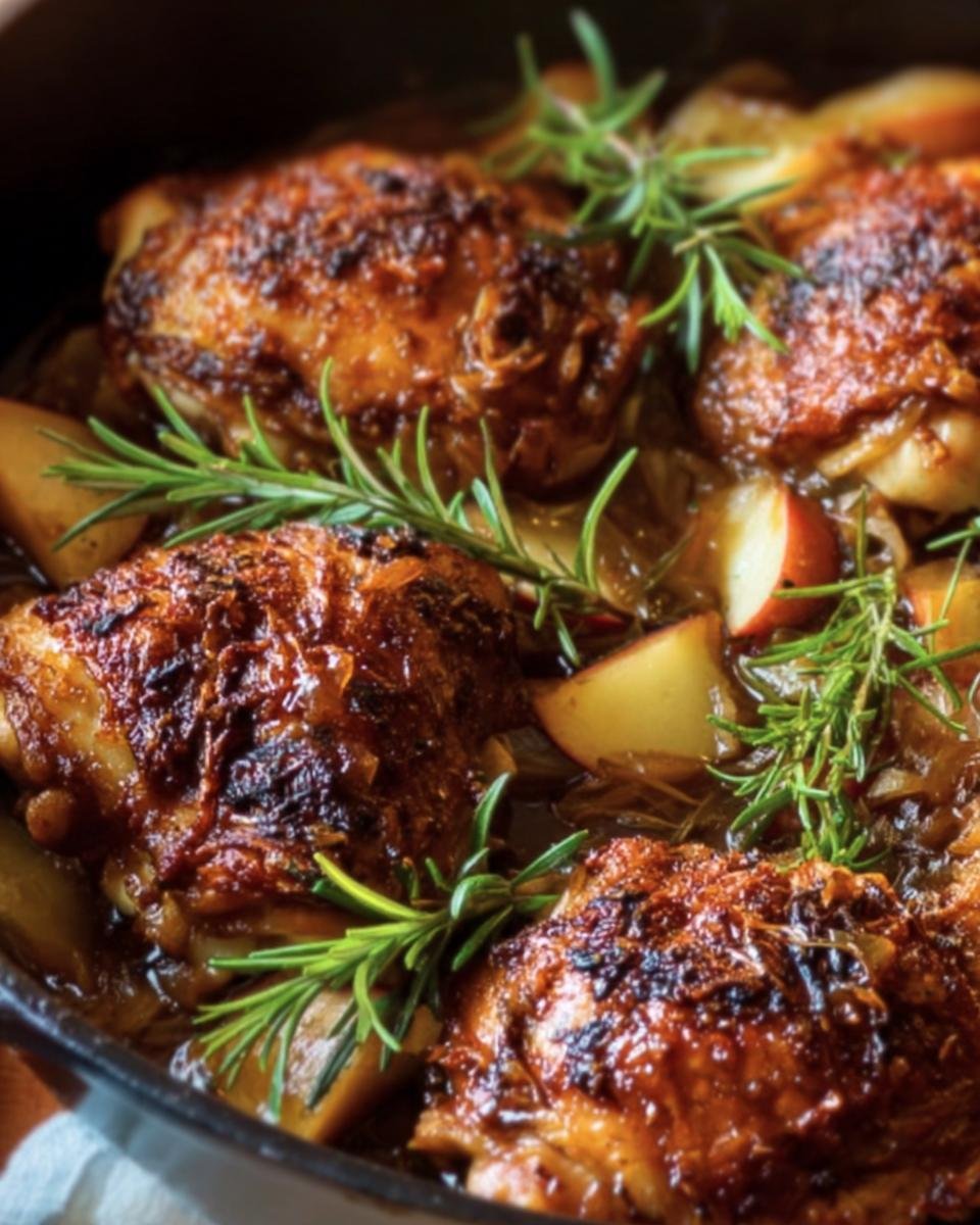 Close-up of Rosemary Apple Cider Chicken in a cast iron skillet, garnished with fresh rosemary sprigs.
