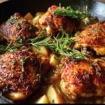 Close-up of Rosemary Apple Cider Chicken in a cast iron pan, garnished with fresh rosemary.