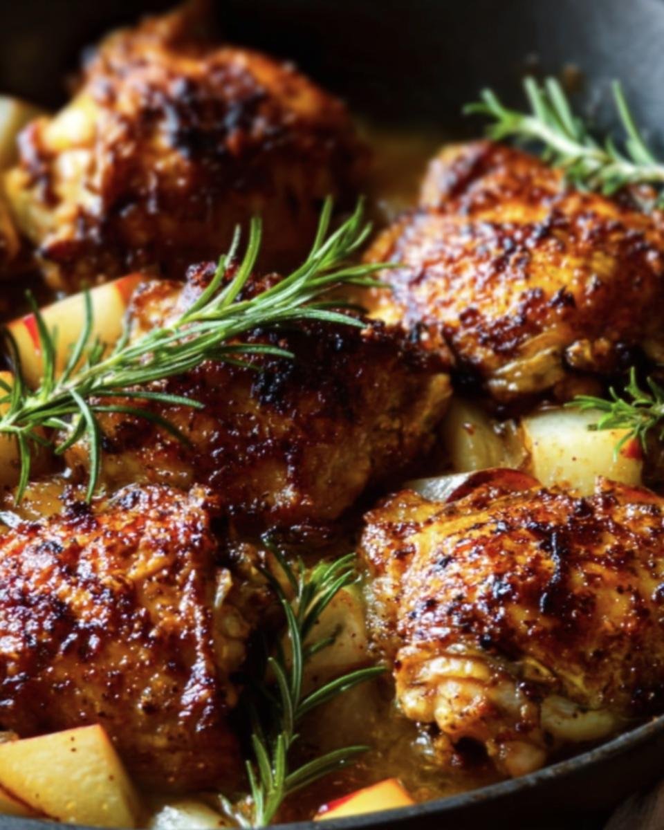 Close-up of Rosemary Apple Cider Chicken thighs with apples and rosemary sprigs.