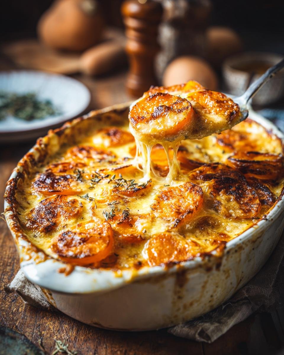 A spoonful of cheesy Sage Butternut Squash Gratin being lifted from a baking dish, showing a cheese pull.
