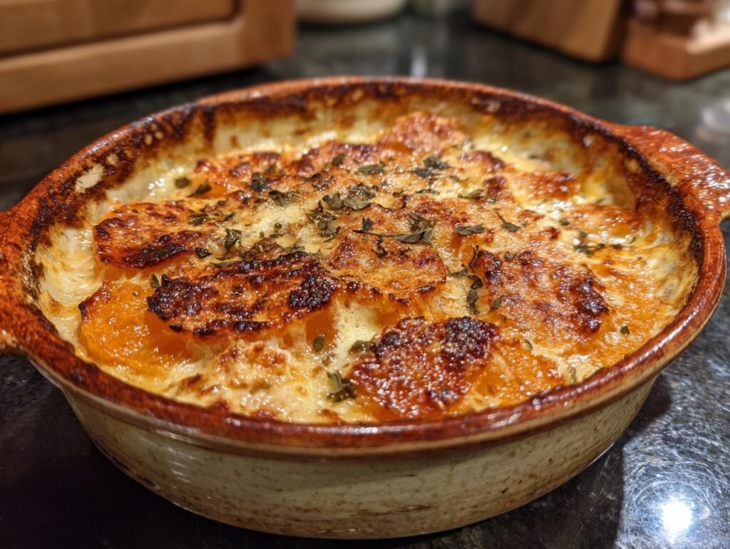 Close-up of Sage Butternut Squash Gratin in a rustic baking dish, topped with herbs.