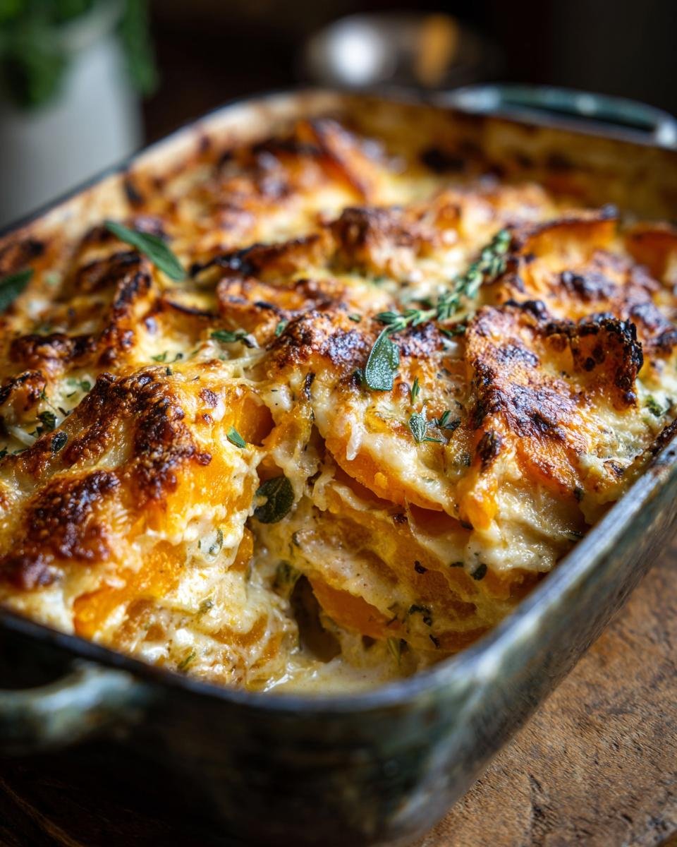 Close-up of Sage Butternut Squash Gratin in a baking dish, showcasing the creamy, cheesy layers and sage garnish.