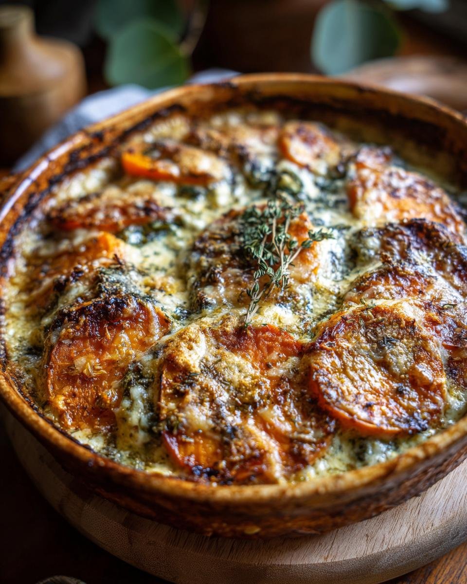 Close-up of a golden Sage Butternut Squash Gratin in a rustic baking dish, garnished with fresh herbs.