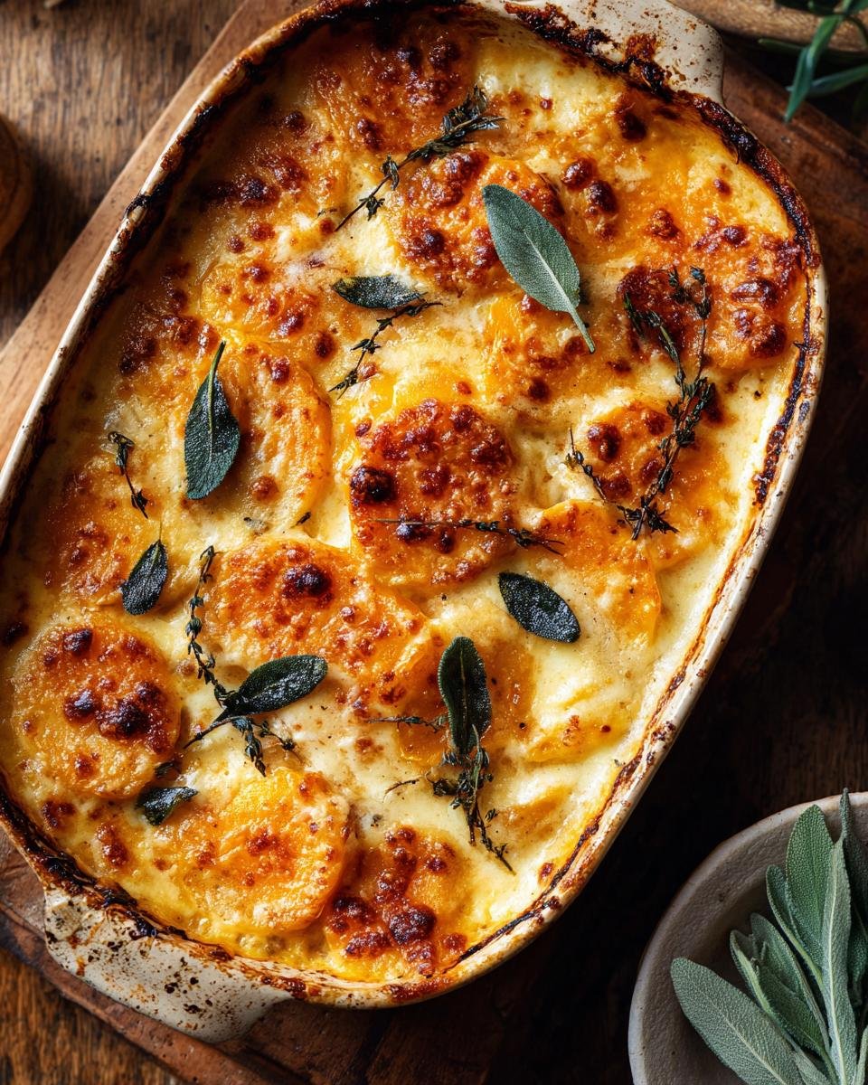 Overhead view of a baked Sage Butternut Squash Gratin in a ceramic dish, garnished with fresh sage and thyme.
