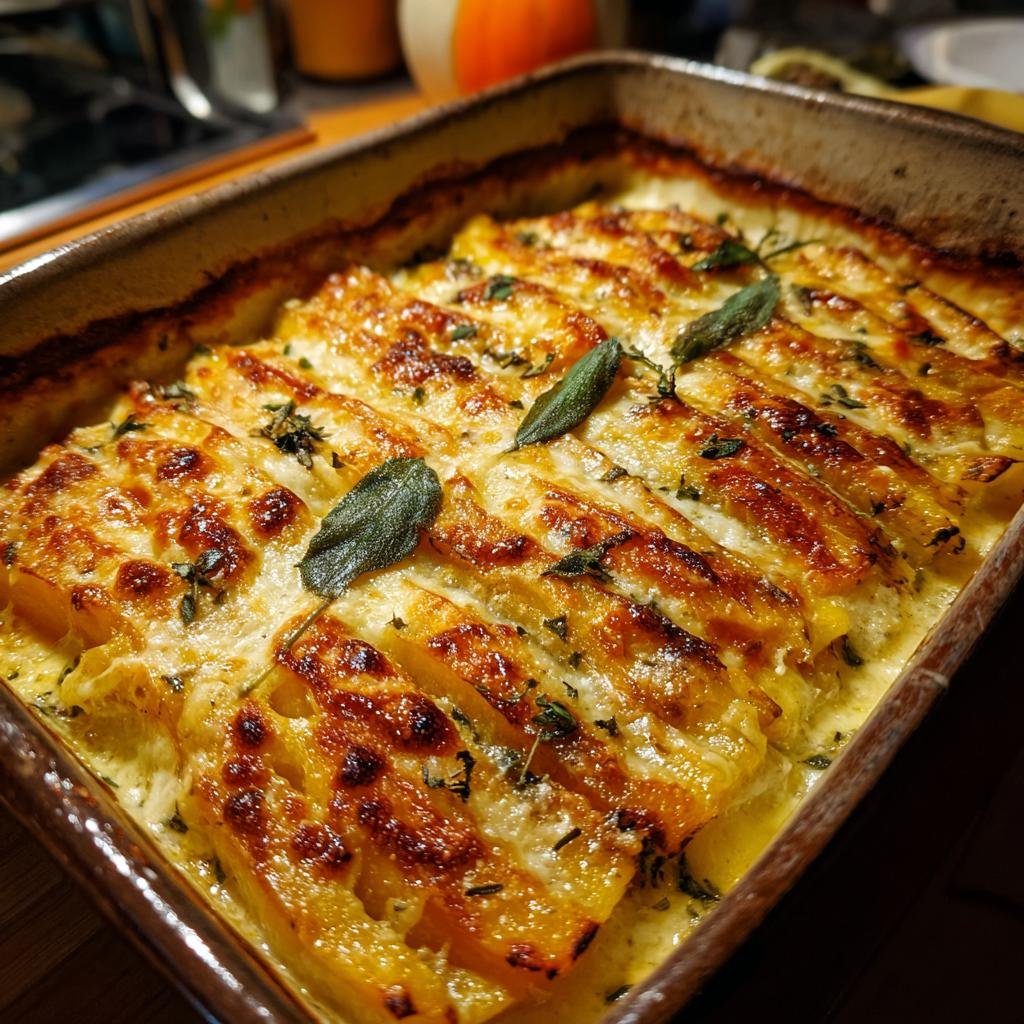 Close-up of Sage Butternut Squash Gratin in a baking dish, topped with cheese and fresh sage leaves.