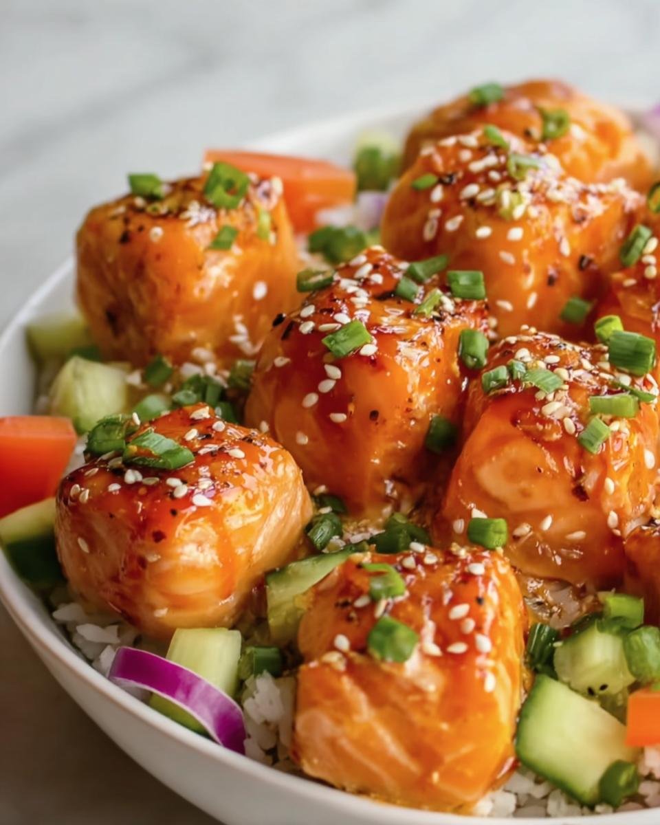 Close-up of a Salmon Bites Bowls featuring glazed salmon, sesame seeds, green onions, rice, and fresh vegetables.