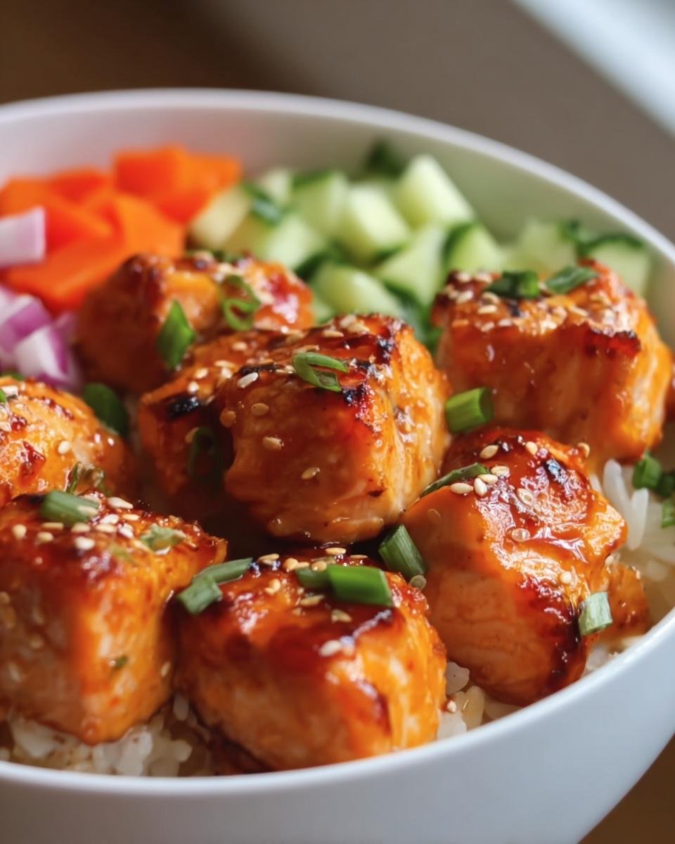 Close-up of a Salmon Bites Bowls with glazed salmon, rice, carrots, cucumber, and red onion.
