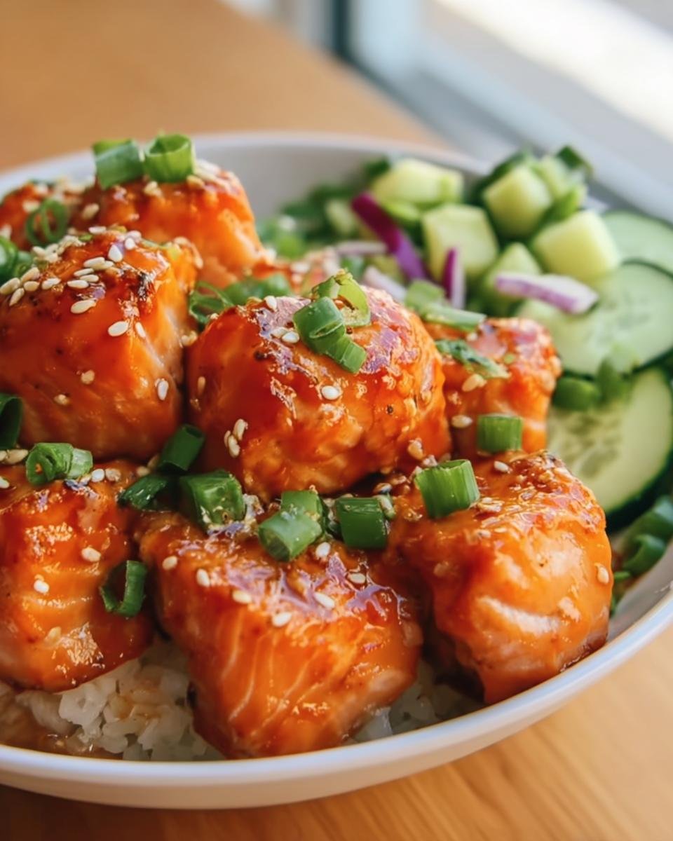 A vibrant bowl featuring glazed Salmon Bites, rice, cucumber, and red onion, perfect for a quick and healthy meal.