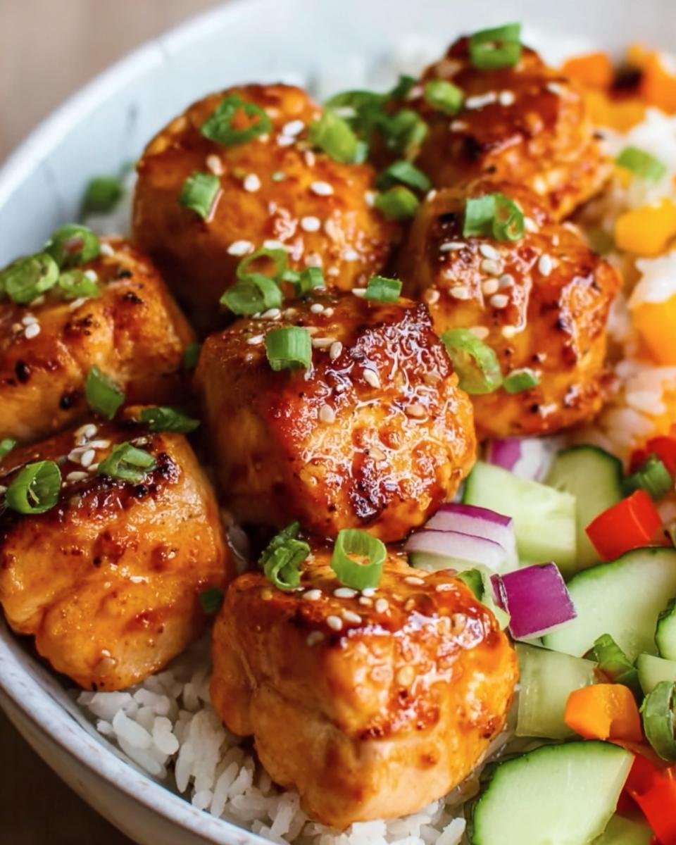 Close-up of Salmon Bites Bowls with glazed salmon, rice, cucumber, and other vegetables.