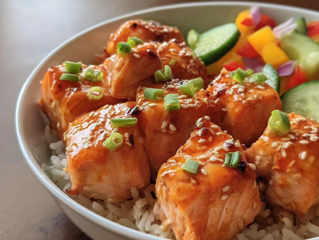 Close-up of Salmon Bites Bowls with glazed salmon, rice, cucumber, and peppers.
