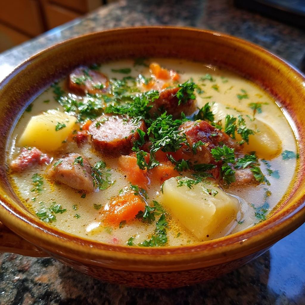 Close-up of a bowl of Sausage Potato Soup, featuring sliced sausage, potatoes, carrots, and fresh parsley.