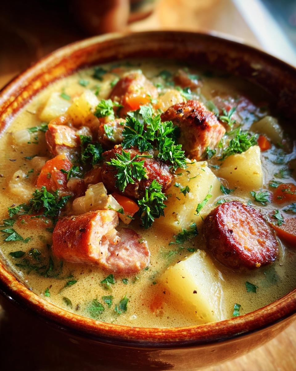 Close-up of a bowl of Sausage Potato Soup, featuring potatoes, sausage, carrots, and fresh parsley.