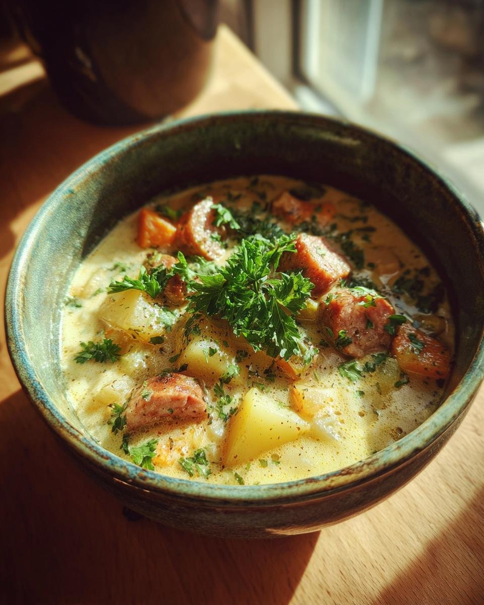 A bowl of creamy Sausage Potato Soup garnished with fresh parsley. Rustic bowl on a wooden surface.