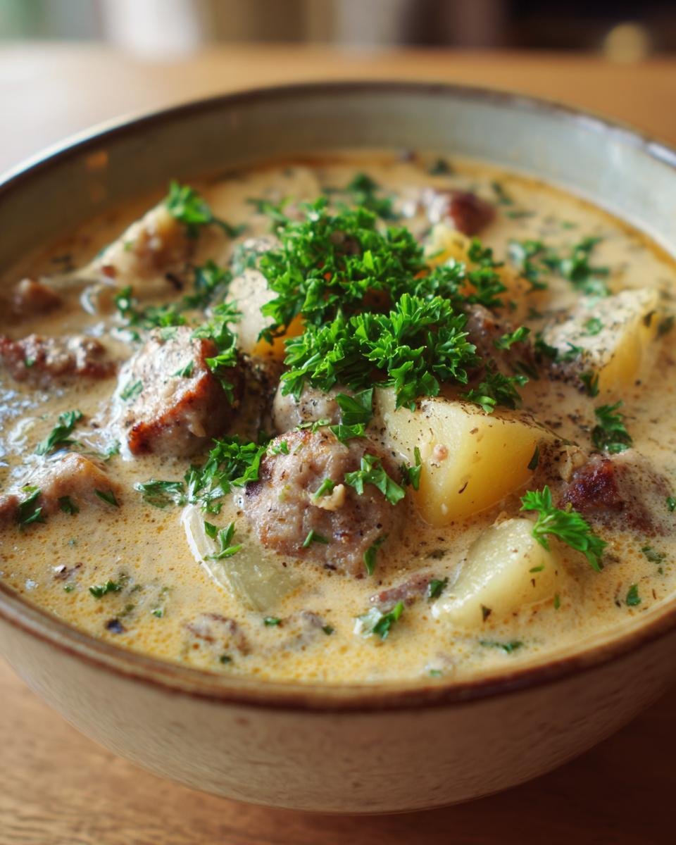 A bowl of creamy Sausage Potato Soup, garnished with fresh parsley, showcasing the potatoes and sausage.
