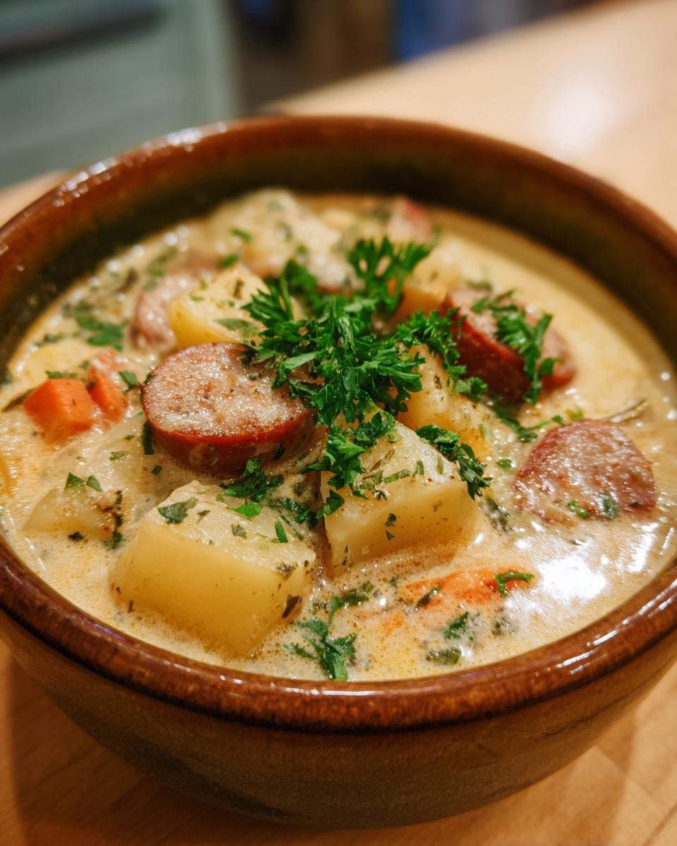 Close-up of a bowl of Sausage Potato Soup with potatoes, carrots, sausage slices, and parsley garnish.