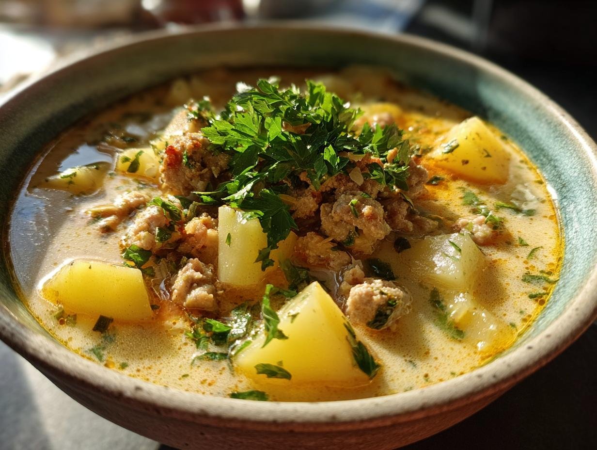 Close-up of a bowl of Sausage Potato Soup, garnished with fresh parsley. Creamy broth, potatoes, and sausage.
