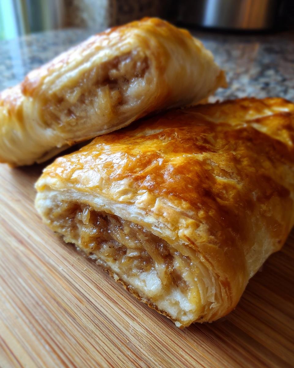 Close-up of two golden brown Savory French Onion Sausage Rolls on a wooden board.