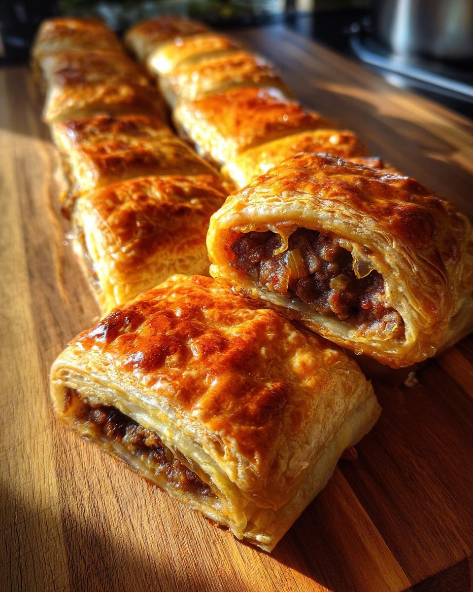 Close-up of golden brown Savory French Onion Sausage Rolls on a wooden board, one cut open to show the filling.