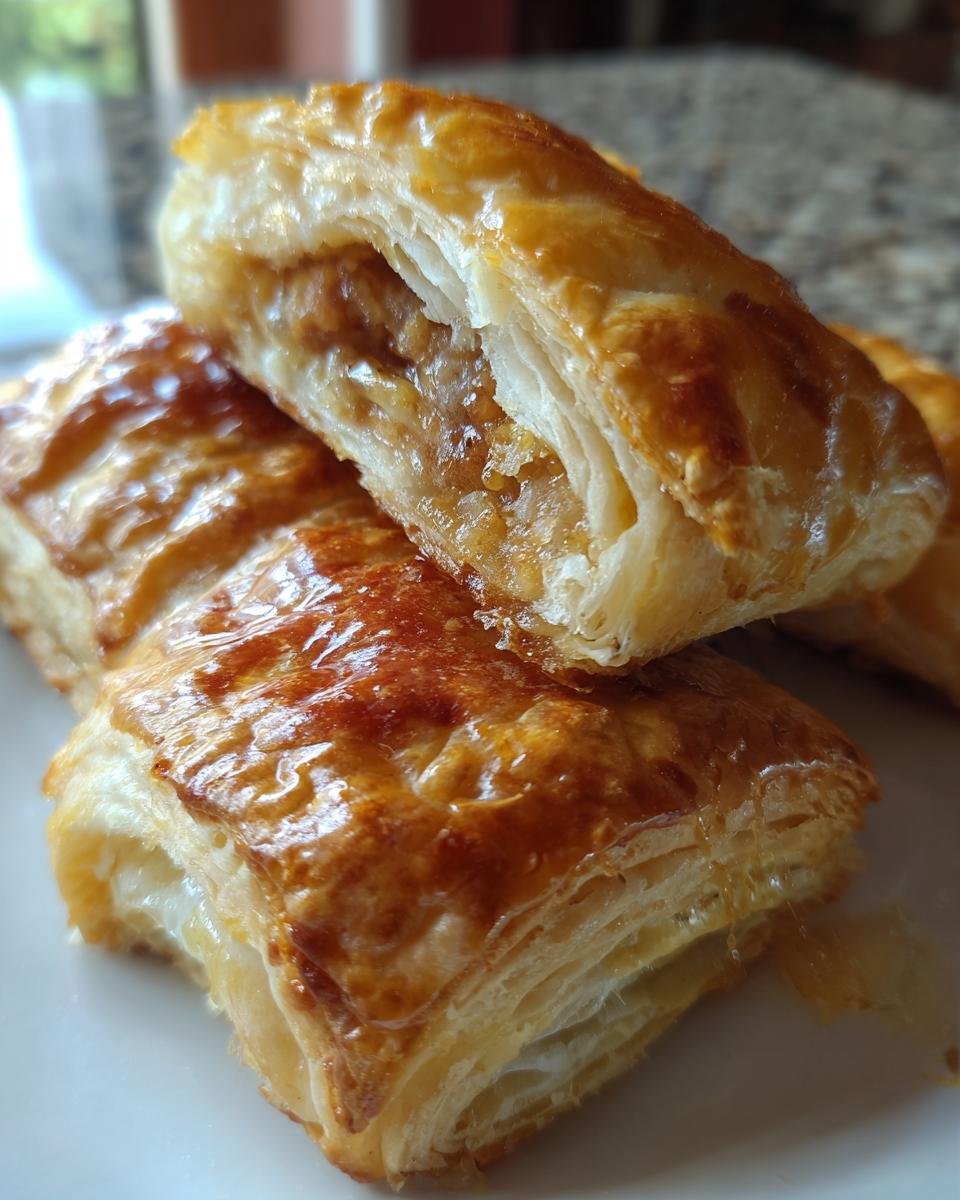 Close-up of flaky Savory French Onion Sausage Rolls with a golden-brown crust and visible filling.