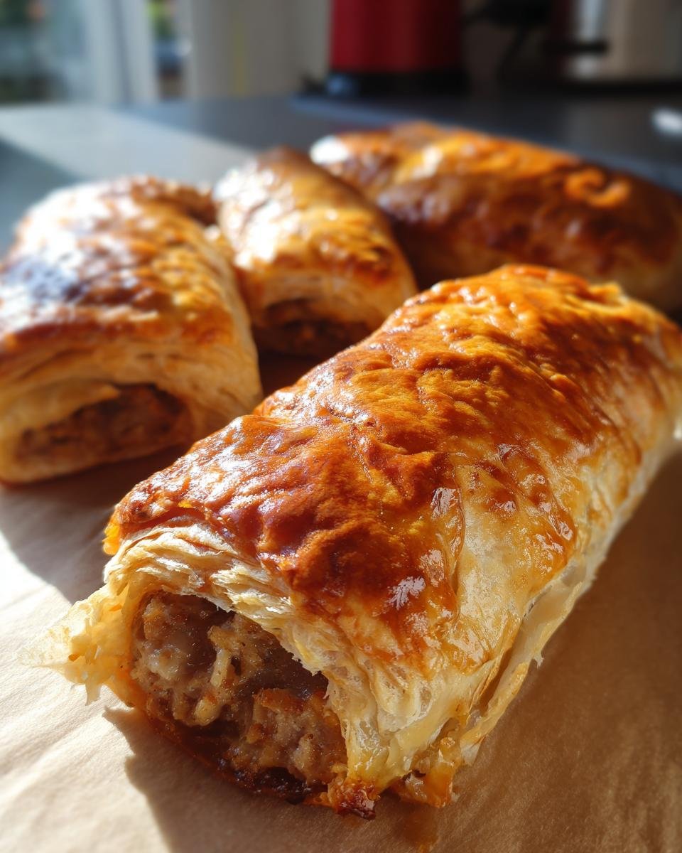 Close-up of golden brown Savory French Onion Sausage Rolls with flaky pastry and visible filling.