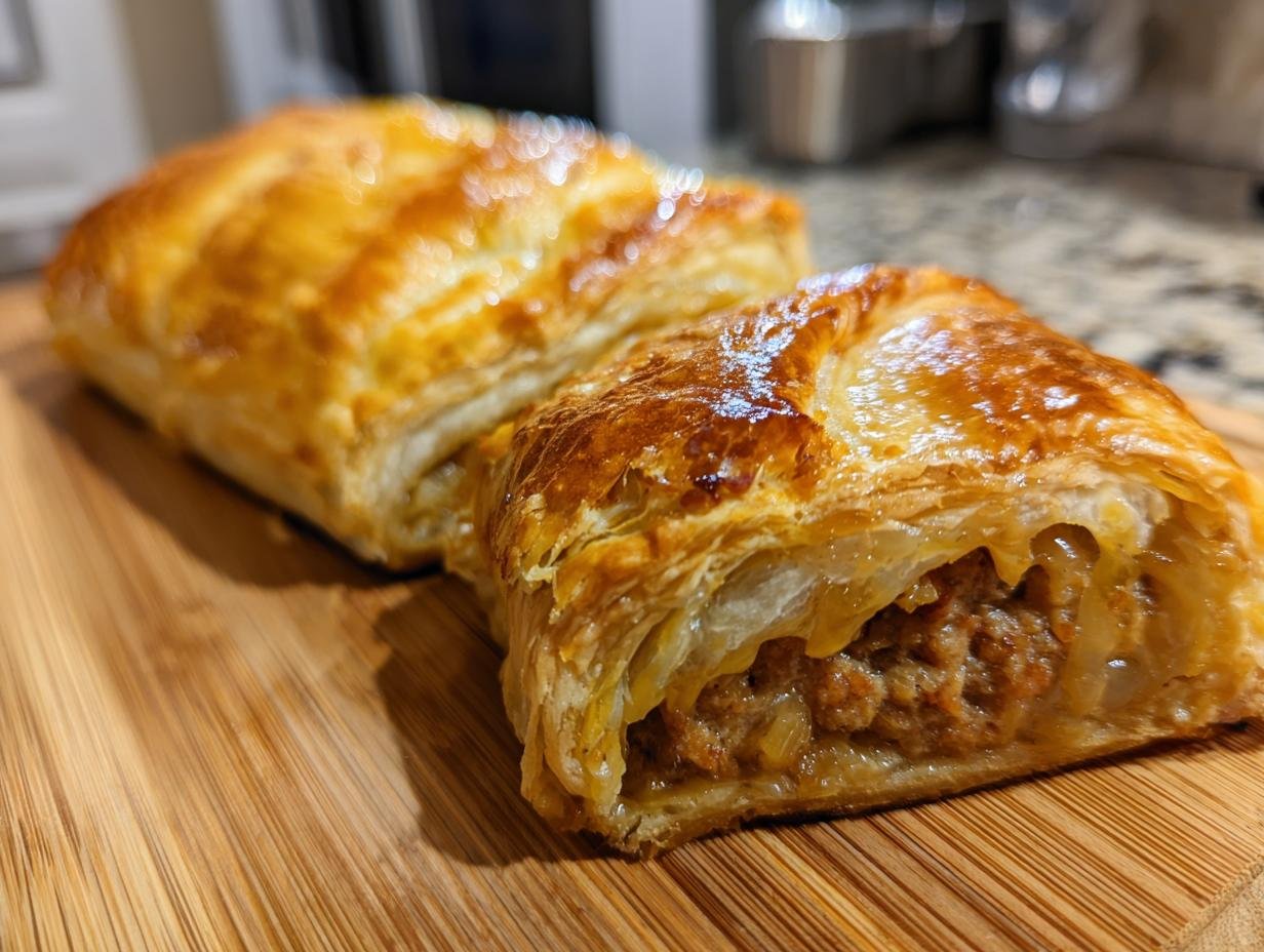 Two golden brown Savory French Onion Sausage Rolls on a wooden board, one cut to show the filling.