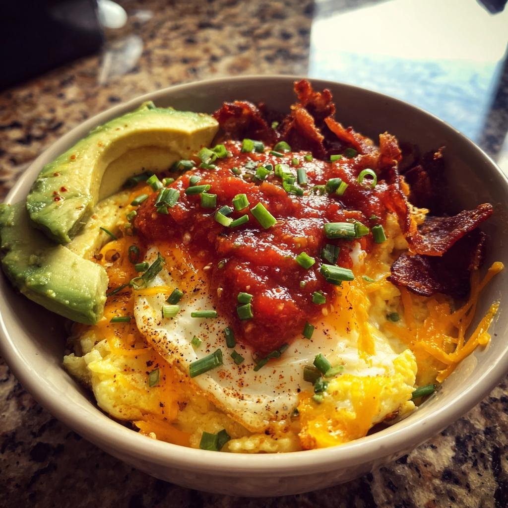 A delicious Savory Keto Breakfast Bowl with eggs, cheese, bacon, avocado, salsa, and chives.