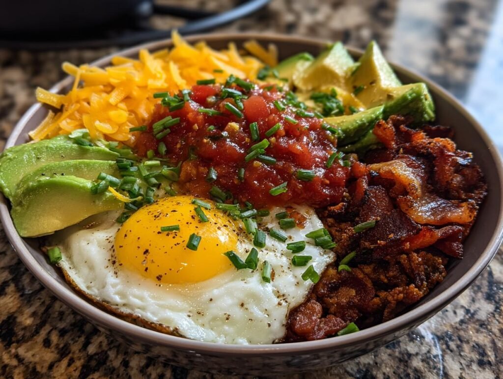 A vibrant Savory Keto Breakfast Bowl featuring a fried egg, bacon, avocado, cheese, and salsa.