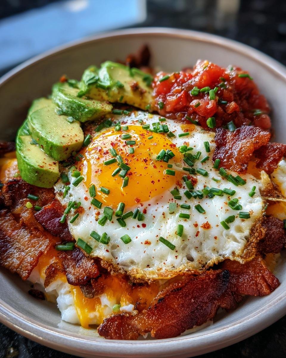 A delicious Savory Keto Breakfast Bowl with a fried egg, bacon, avocado, and salsa.